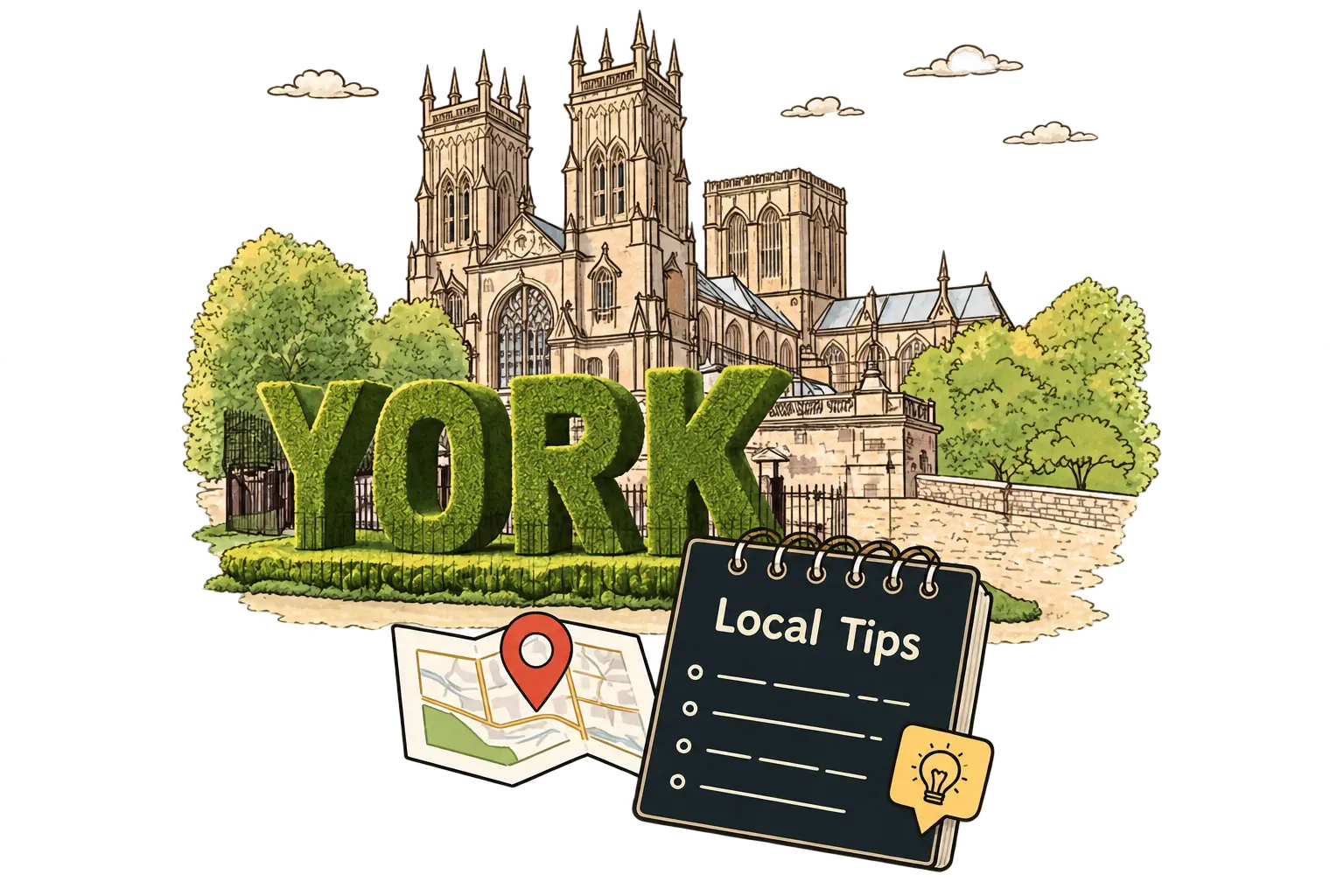 An illustrated York Minster, city map and local tips notebook