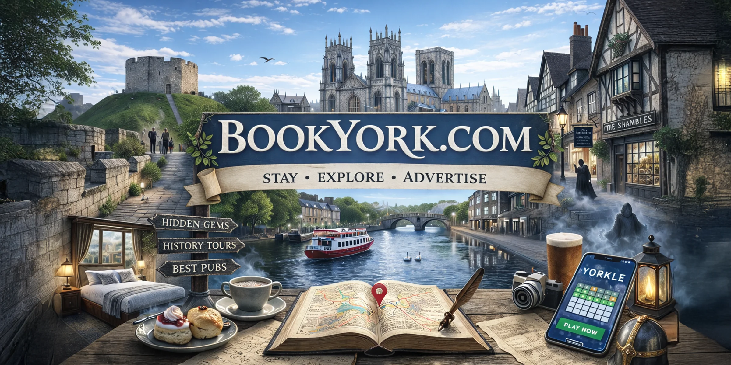 BookYork.com illustrated York hero image featuring York Minster, Clifford’s Tower, the River Ouse, historic streets and travel elements with Stay • Explore • Advertise banner