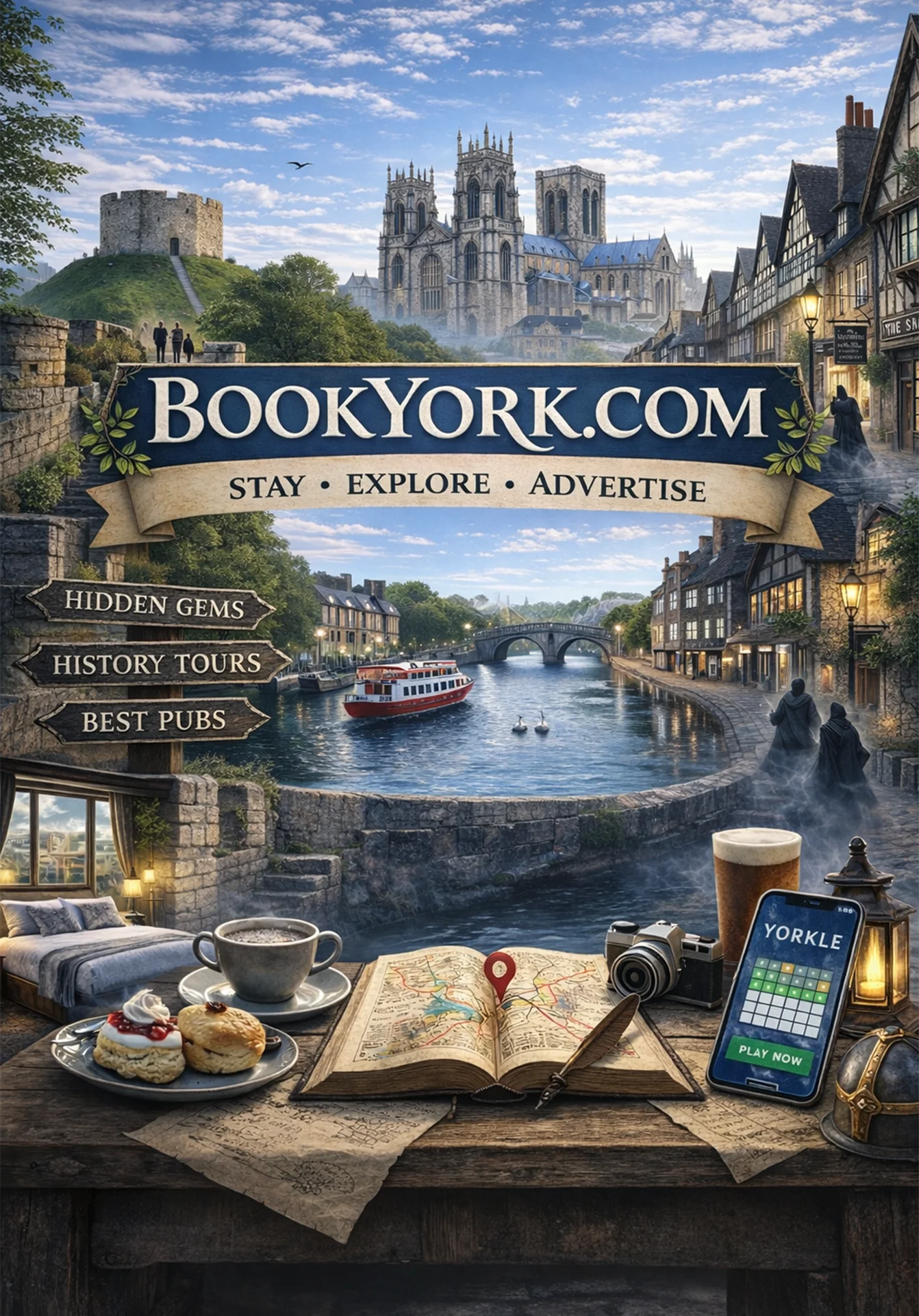 Illustrated BookYork.com York city poster with York Minster, Clifford’s Tower, River Ouse, historic streets, map, coffee and Yorkle game
