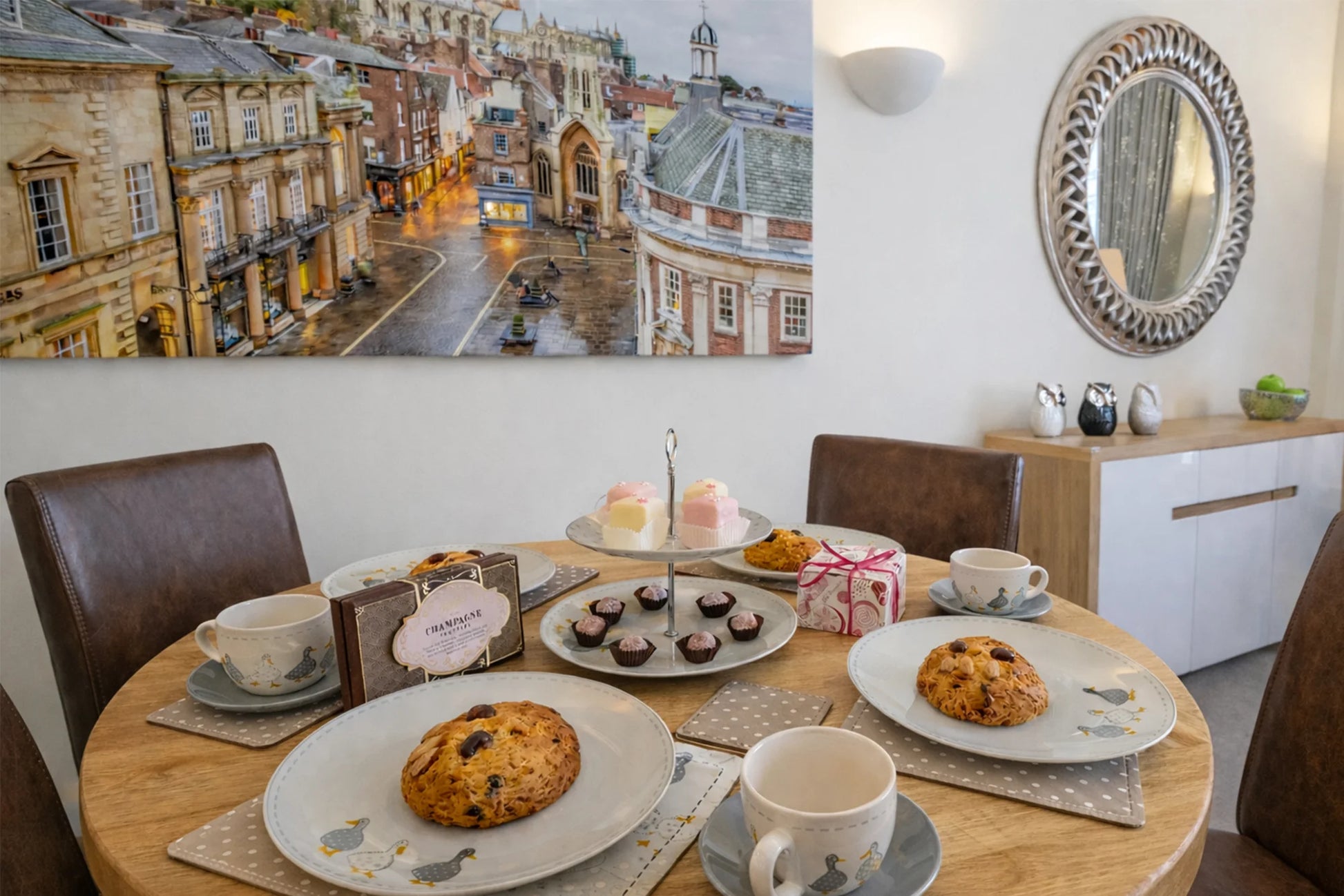 Hunter House Apartment dining table set for afternoon tea in York city centre