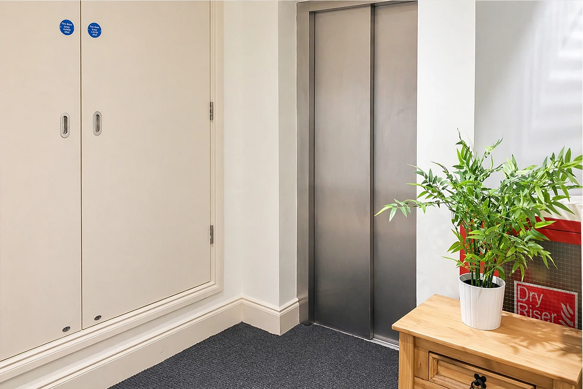 Communal lift access area inside the Hunter House Apartment building in York