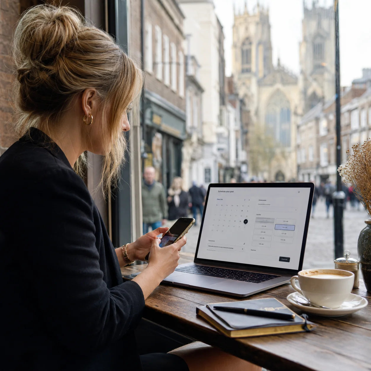 Business owner booking a York social media promotion slot on a laptop