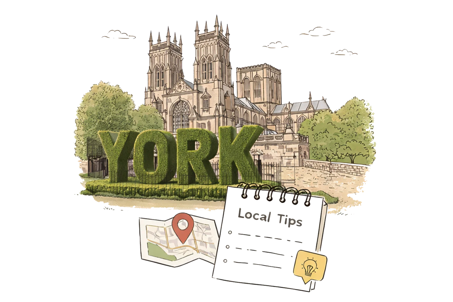 York Minster illustration with local tips notebook for Book York city guide