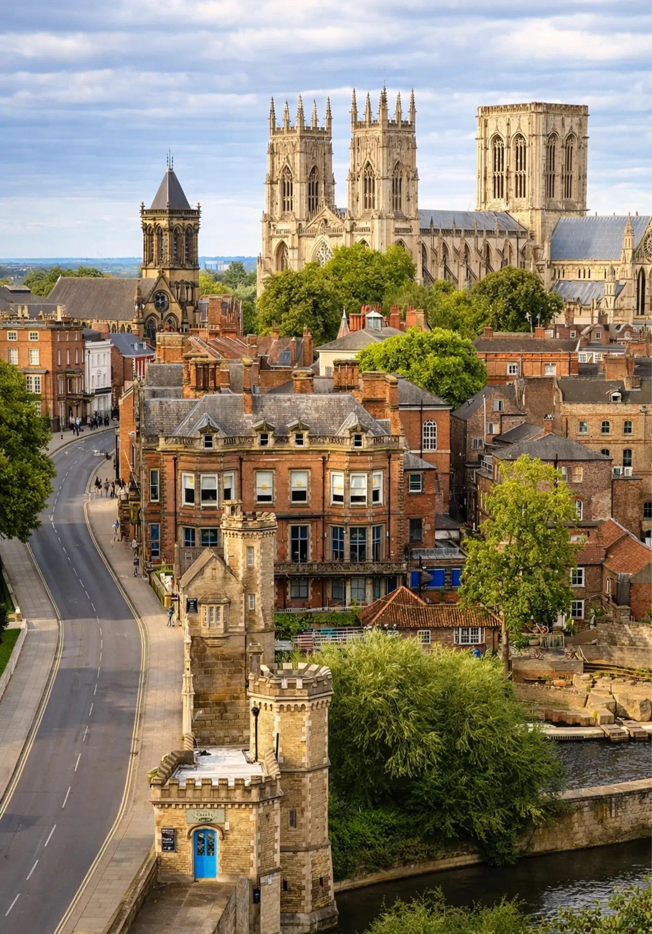 York Minster above York city centre, with Lendal Tower and the River Ouse in the foreground