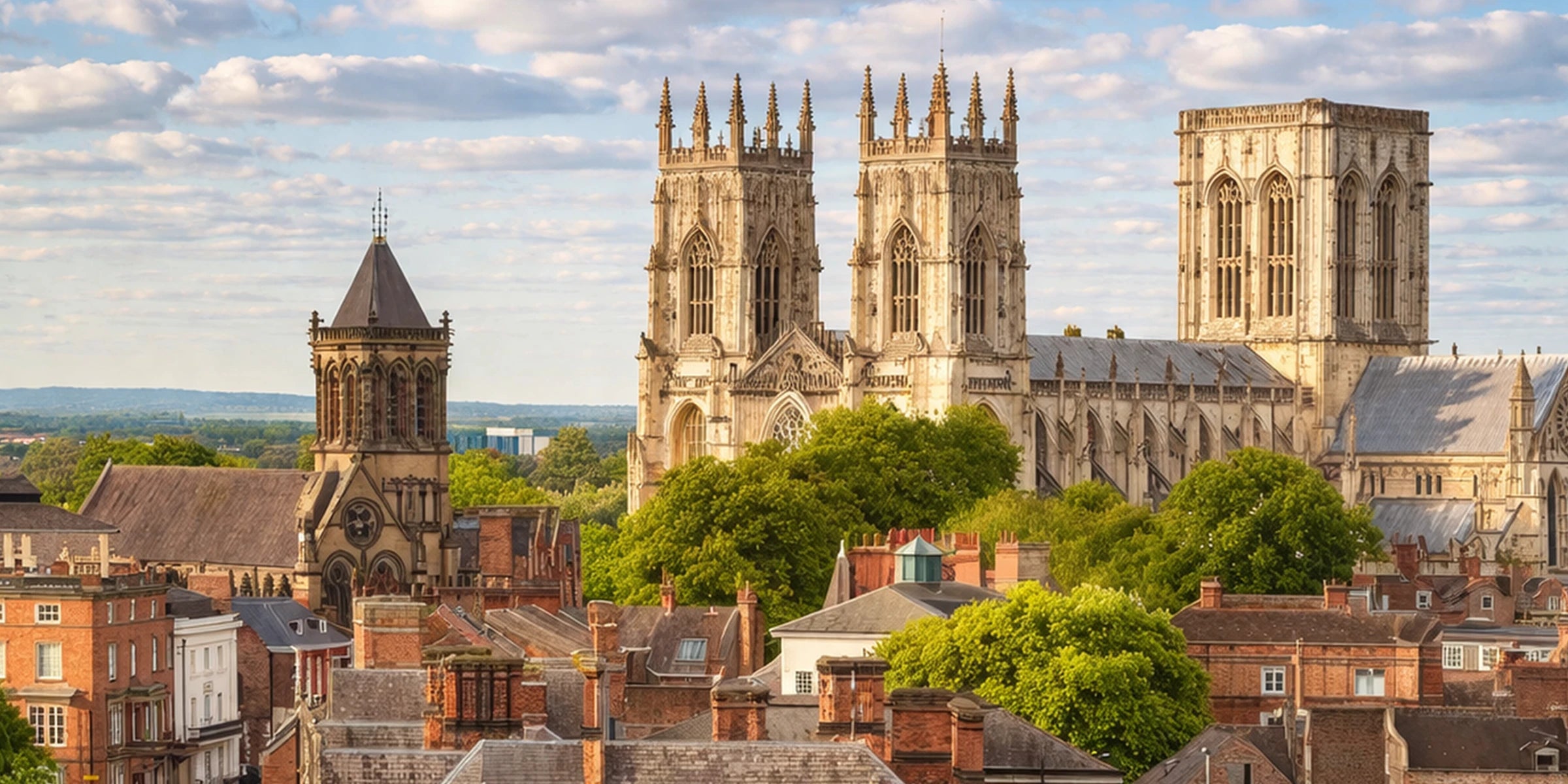 View of York Minster rising above rooftops in York city centre