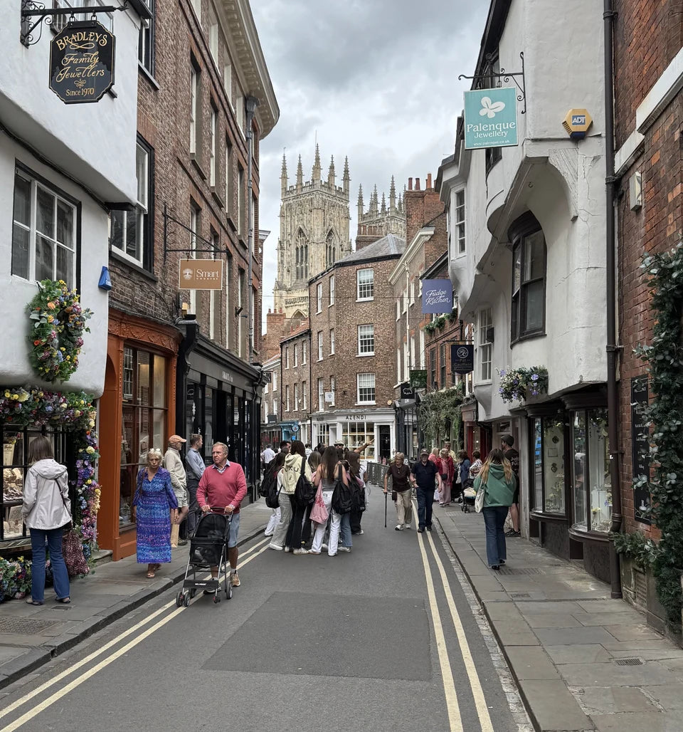 York Minster rising above historic shopfronts and people on Low Petergate in York