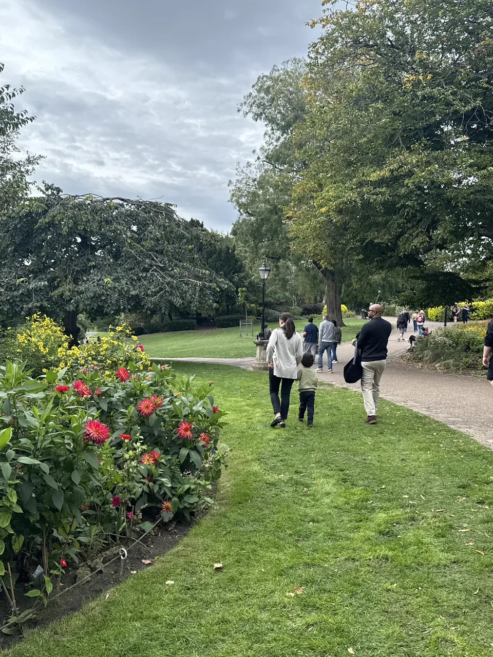Visitors walking beside lawns and flower borders in York Museum Gardens