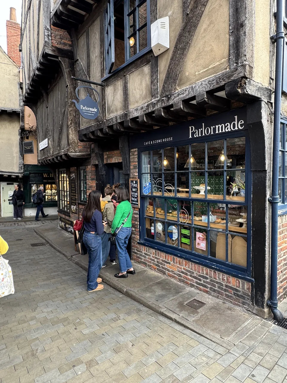 Overhanging timber-framed shops on the Shambles in York