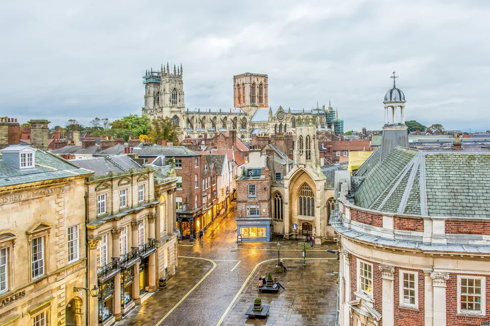 An elevated view across St Helen’s Square and Stonegate towards York Minster