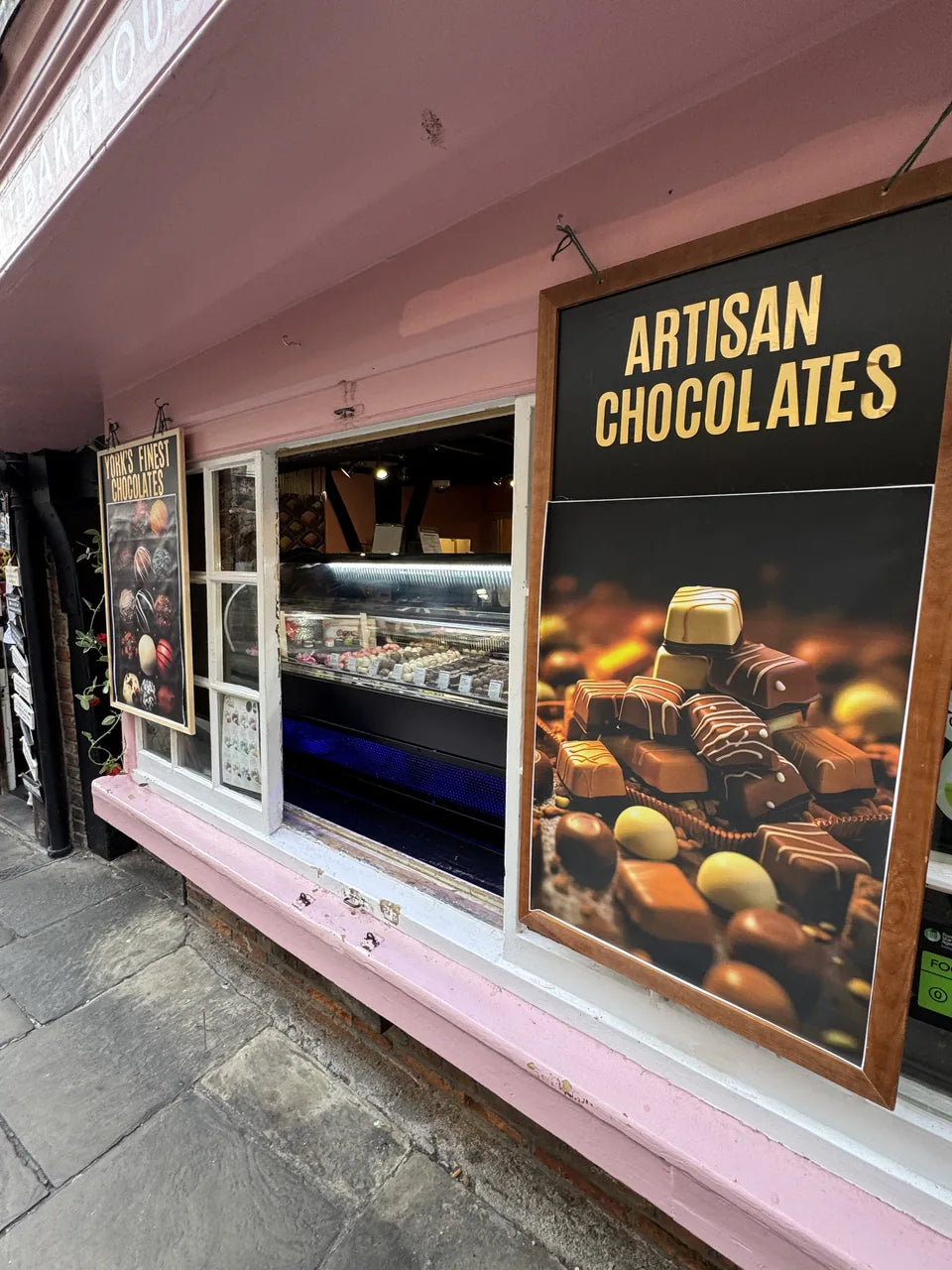 An artisan chocolate shop window on the Shambles in York